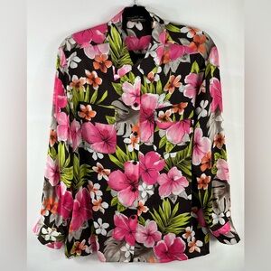 Tommy Bahama Pink Green Floral 100% Silk Blouse Women’s Sz L 2 Front Pocket